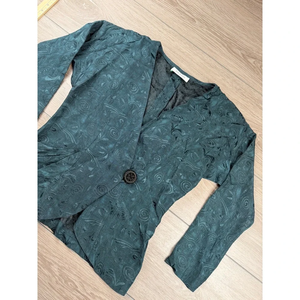 Tere Tereba Womens Blazer Jacket Floral Jacquard Single Button Teal Green Size 8